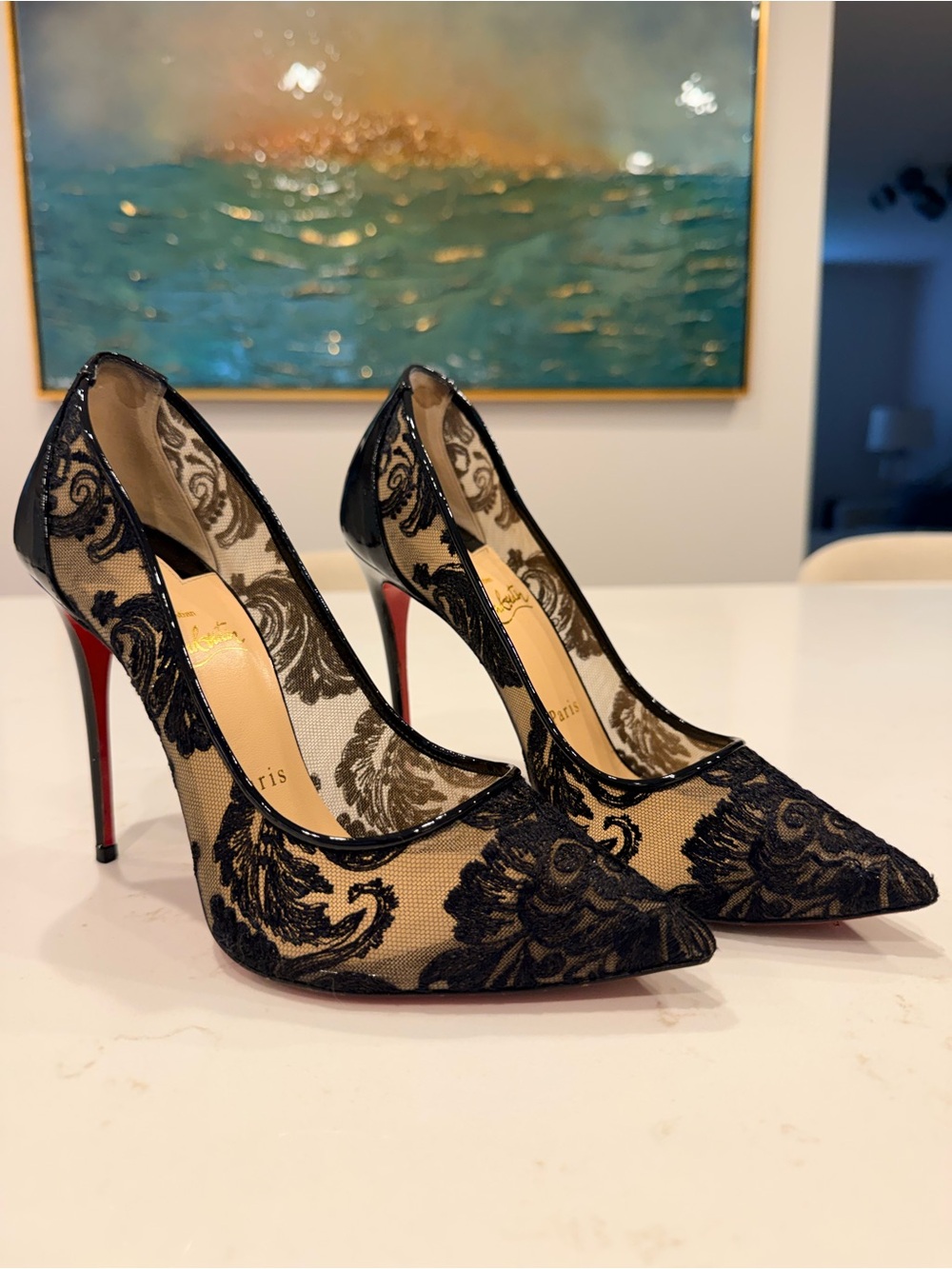 Christian Louboutin Black Patent and Follies Lace Pumps Size 38